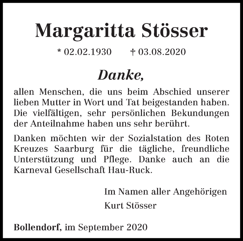  Traueranzeige für Margarita Stösser vom 23.09.2020 aus trierischer_volksfreund