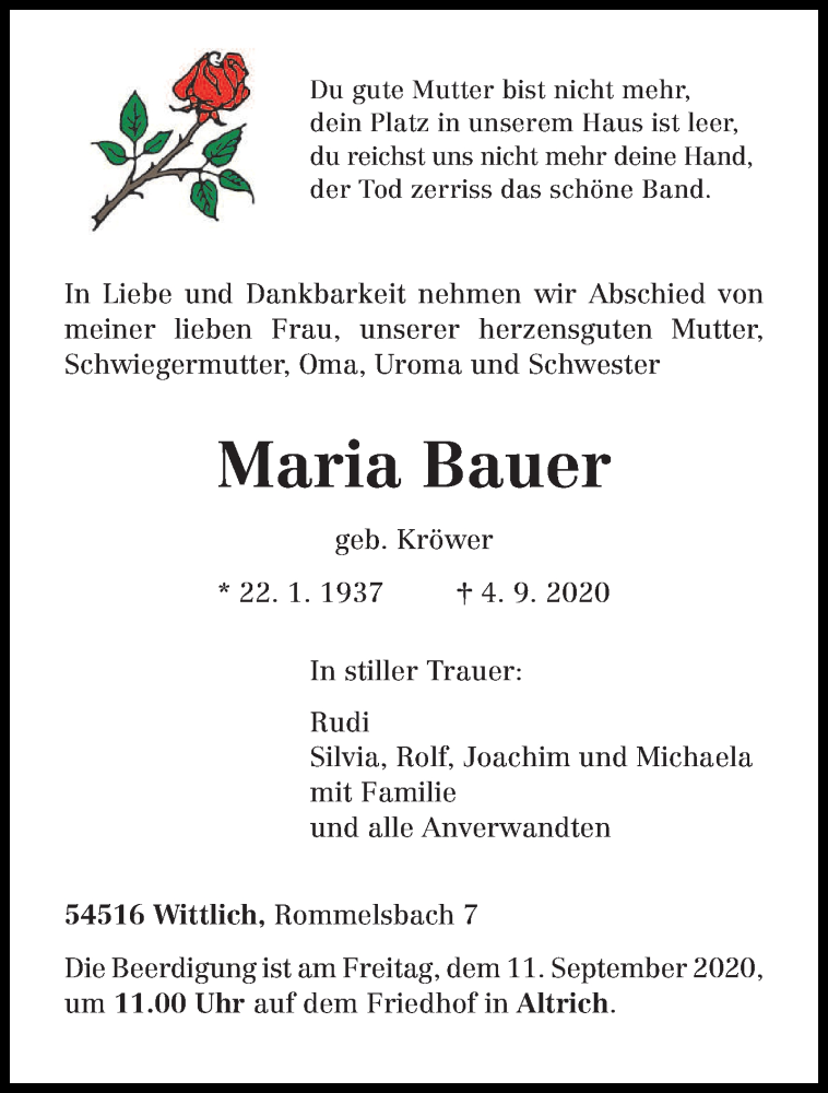 Traueranzeigen Von Maria Bauer Volksfreundtrauerde 