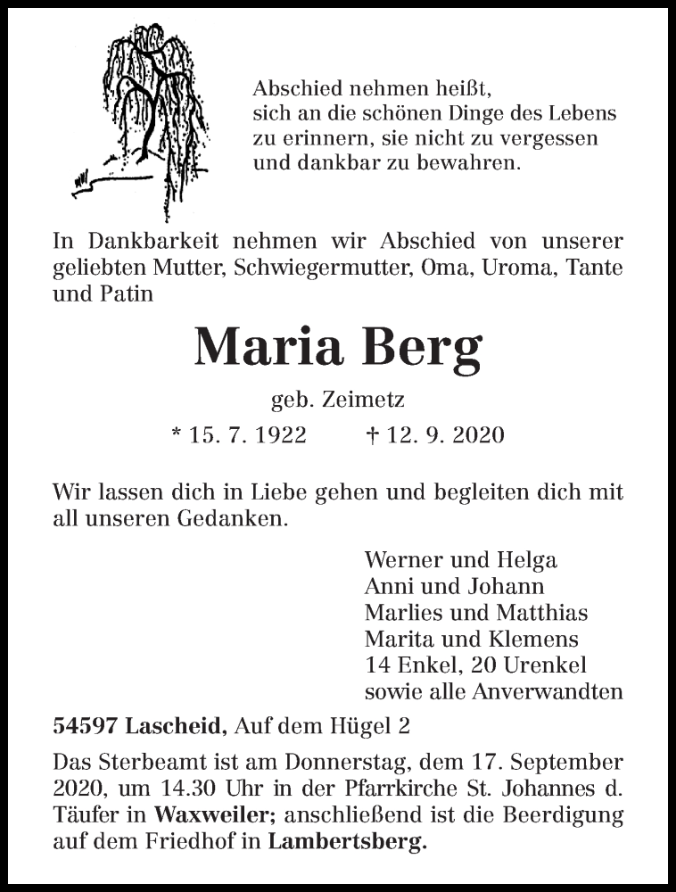  Traueranzeige für Maria Berg vom 15.09.2020 aus trierischer_volksfreund