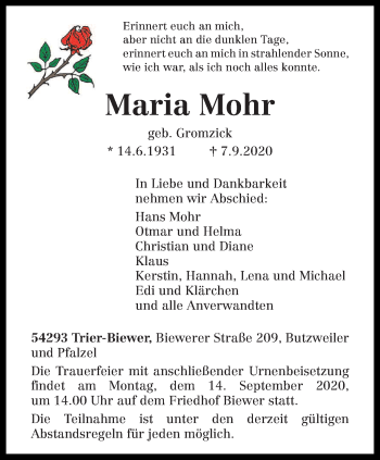 Traueranzeige von Maria Mohr von trierischer_volksfreund