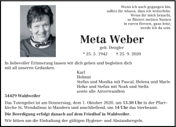 Traueranzeige von Meta Weber von trierischer_volksfreund