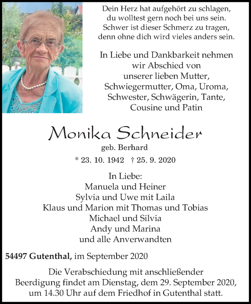  Traueranzeige für Monika Schneider vom 28.09.2020 aus trierischer_volksfreund