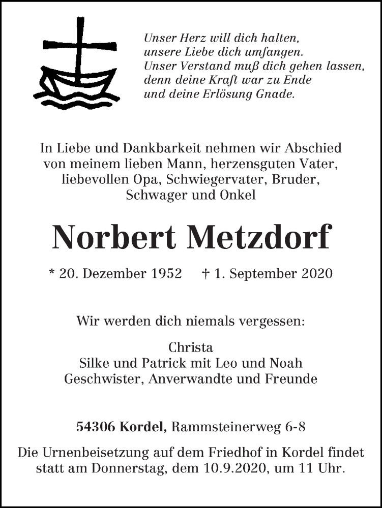  Traueranzeige für Norbert Metzdorf vom 05.09.2020 aus trierischer_volksfreund