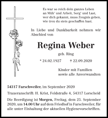 Traueranzeige von Regina Weber von trierischer_volksfreund