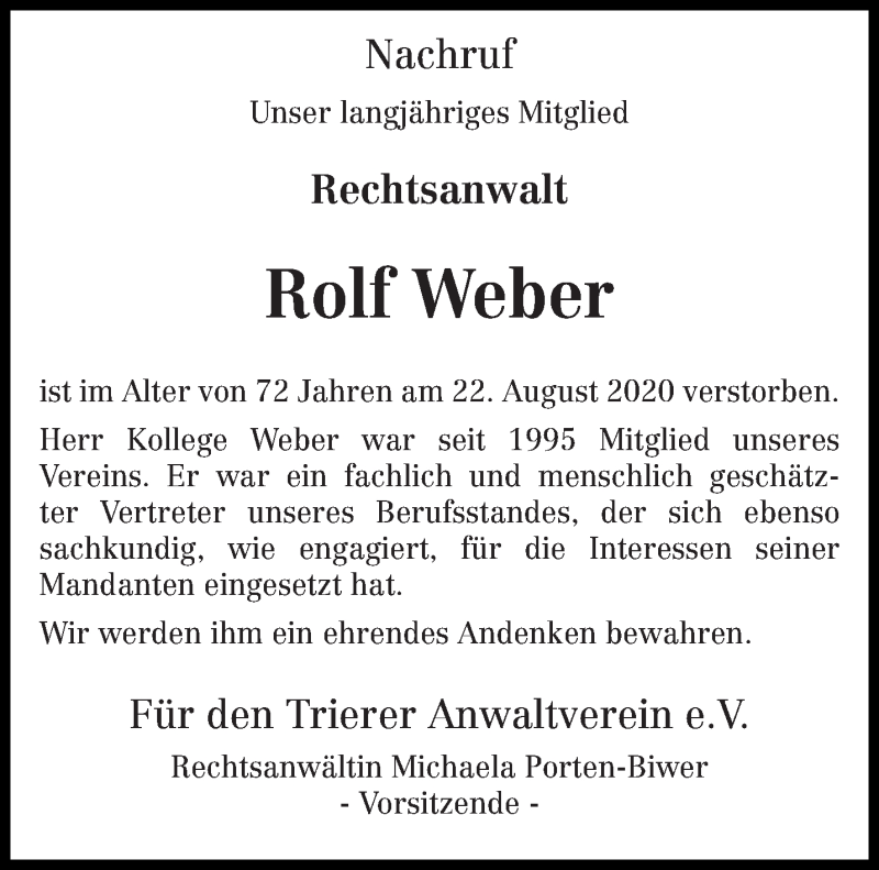 Traueranzeige für Rolf Weber vom 15.09.2020 aus trierischer_volksfreund