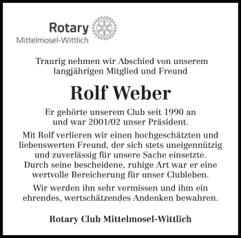 Traueranzeige von Rolf Weber von trierischer_volksfreund