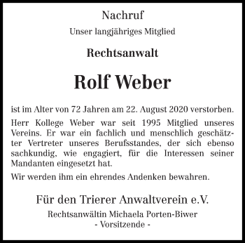 Traueranzeige von Rolf Weber von trierischer_volksfreund