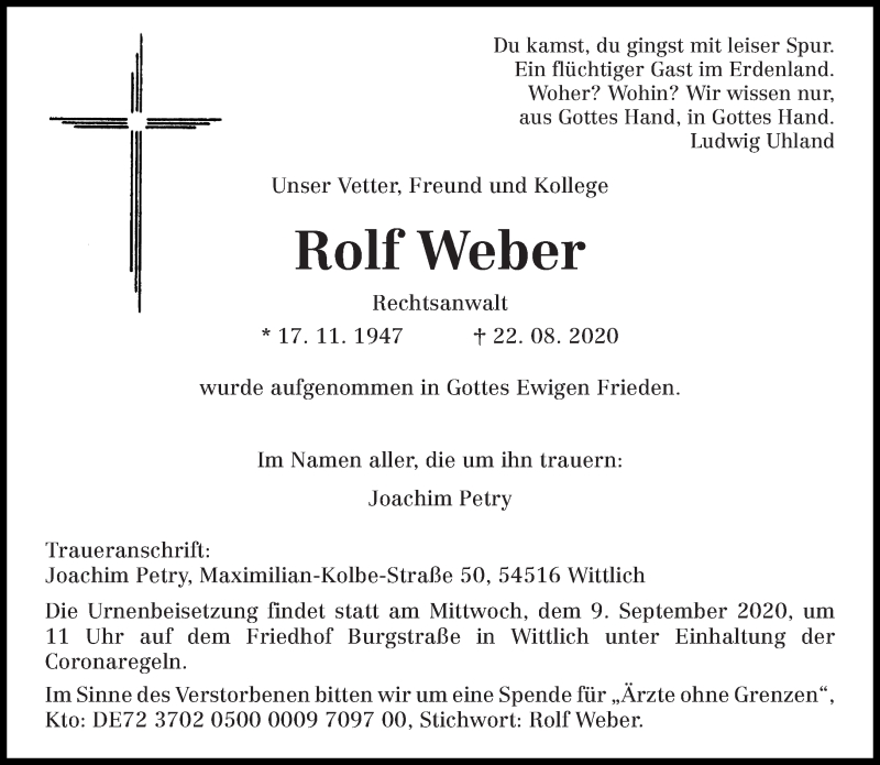  Traueranzeige für Rolf Weber vom 05.09.2020 aus trierischer_volksfreund