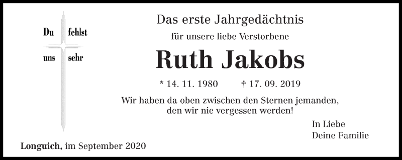  Traueranzeige für Ruth Jakobs vom 17.09.2020 aus trierischer_volksfreund