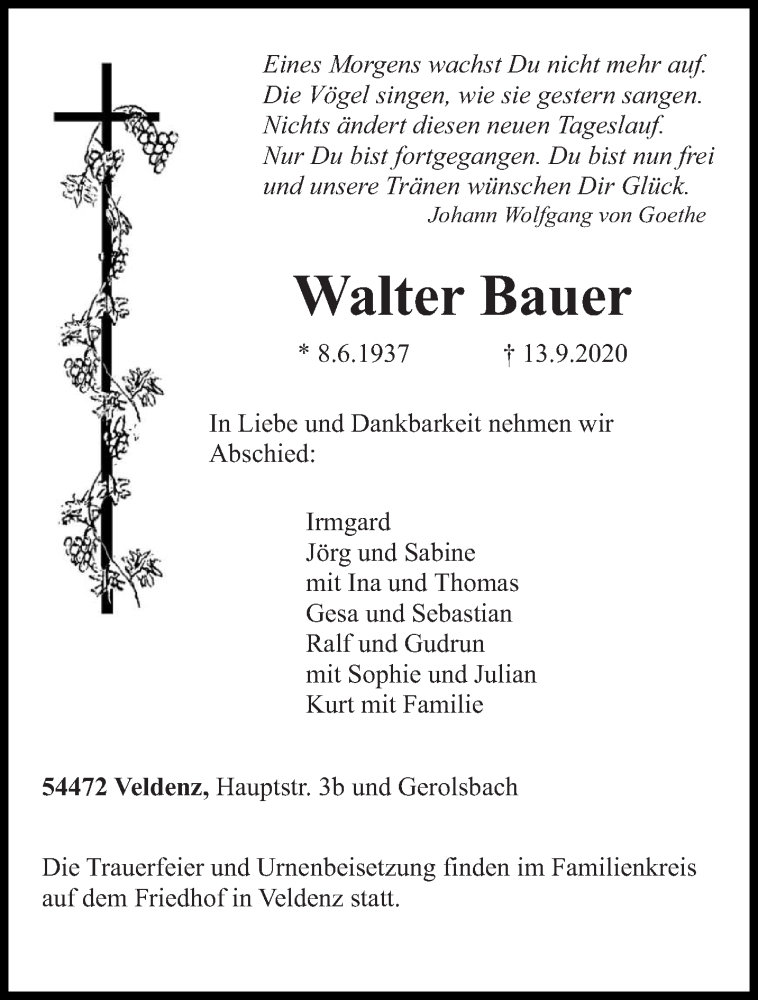  Traueranzeige für Walter Bauer vom 15.09.2020 aus trierischer_volksfreund