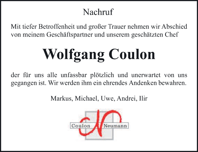  Traueranzeige für Wolfgang Coulon vom 12.09.2020 aus trierischer_volksfreund
