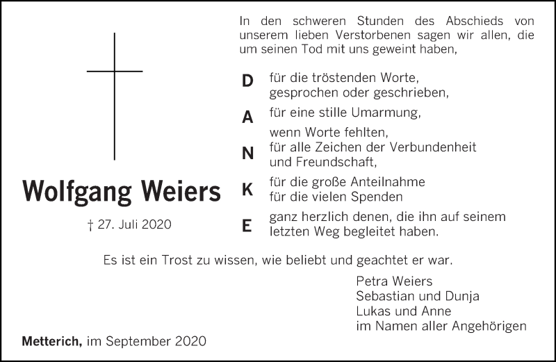  Traueranzeige für Wolfgang Weiers vom 26.09.2020 aus trierischer_volksfreund