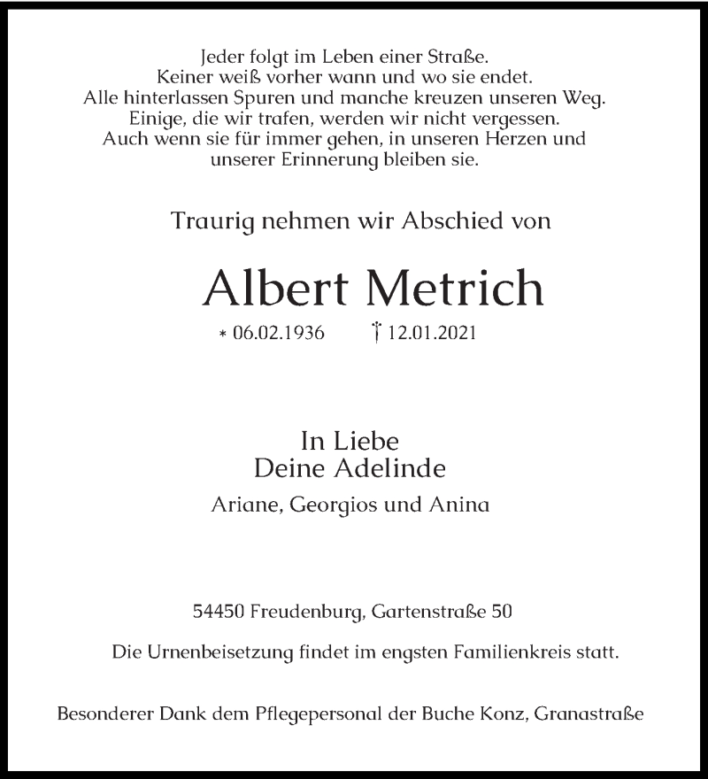  Traueranzeige für Albert Metrich vom 16.01.2021 aus trierischer_volksfreund