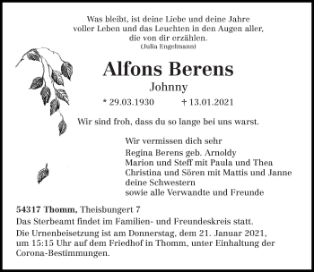 Traueranzeige von Alfons Berens von trierischer_volksfreund