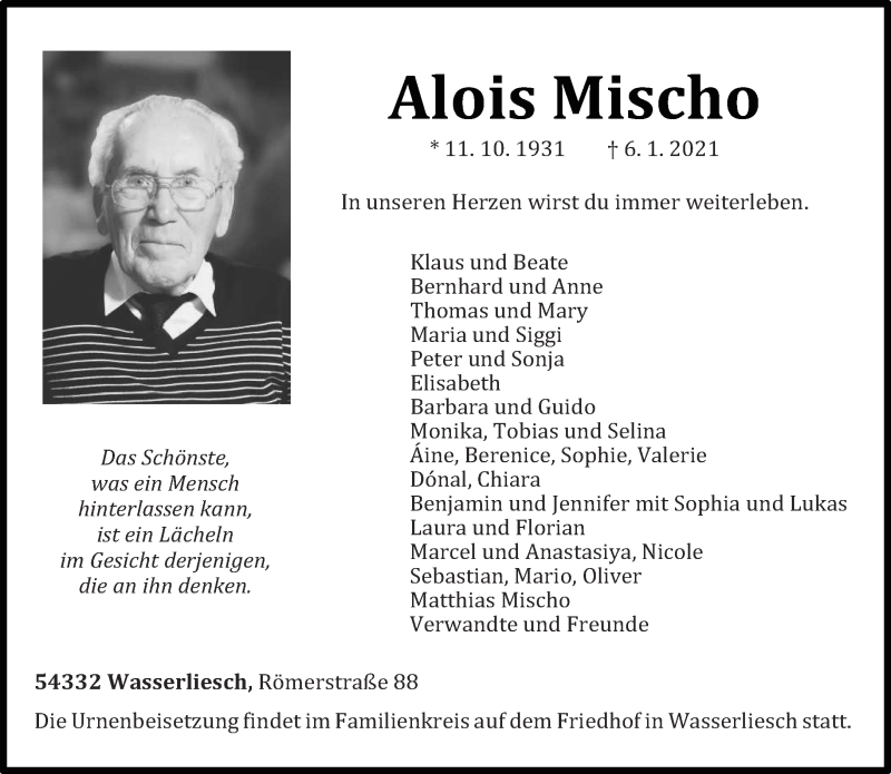  Traueranzeige für Alois Mischo vom 09.01.2021 aus trierischer_volksfreund