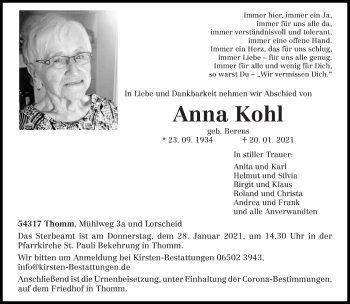 Traueranzeige von Anna Kohl von trierischer_volksfreund