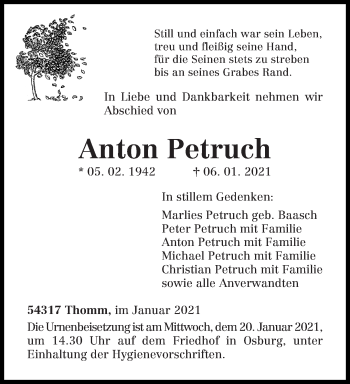 Traueranzeige von Anton Petruch von trierischer_volksfreund