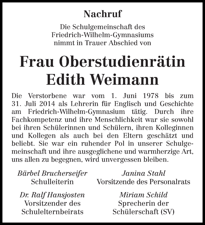  Traueranzeige für Edith Weimann vom 28.01.2021 aus trierischer_volksfreund