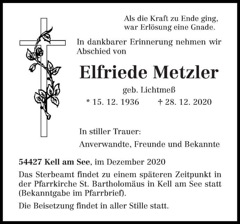  Traueranzeige für Elfriede Metzler vom 31.12.2020 aus trierischer_volksfreund