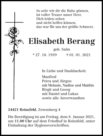 Traueranzeige von Elisabeth Berang von trierischer_volksfreund
