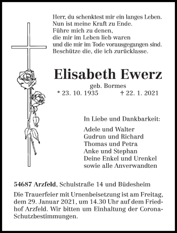 Traueranzeige von Elisabeth Ewerz von trierischer_volksfreund