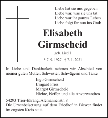 Traueranzeige von Elisabeth Girmscheid von trierischer_volksfreund