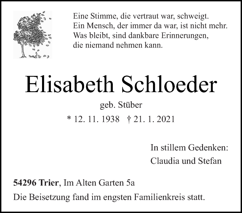  Traueranzeige für Elisabeth Schloeder vom 30.01.2021 aus trierischer_volksfreund