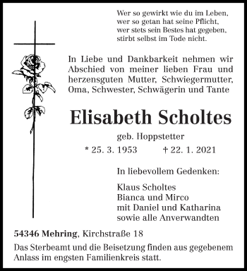 Traueranzeige von Elisabeth Scholtes von trierischer_volksfreund