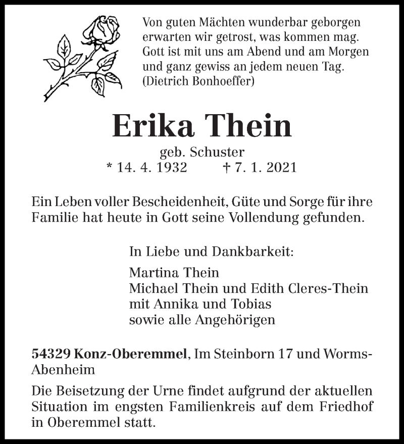 Traueranzeige für Erika Thein vom 13.01.2021 aus trierischer_volksfreund