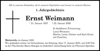 Traueranzeige von Ernst Weimann von trierischer_volksfreund