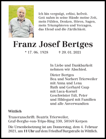 Traueranzeige von Franz Josef Bertges von trierischer_volksfreund