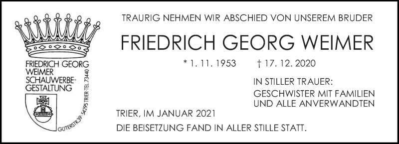  Traueranzeige für Friedrich Georg Weimer vom 09.01.2021 aus trierischer_volksfreund