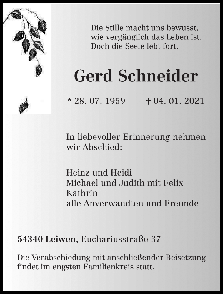 Traueranzeige für Gerd Schneider vom 09.01.2021 aus trierischer_volksfreund