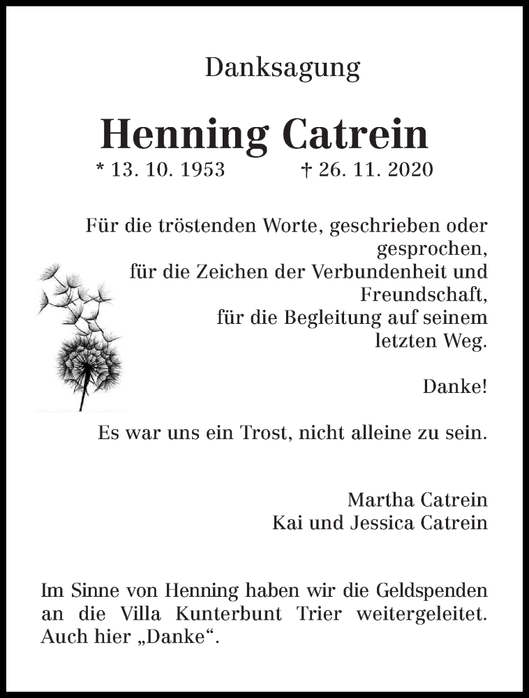  Traueranzeige für Henning Catrein vom 12.01.2021 aus trierischer_volksfreund