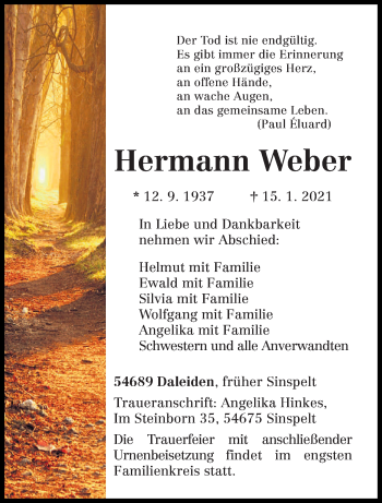 Traueranzeige von Hermann Weber von trierischer_volksfreund