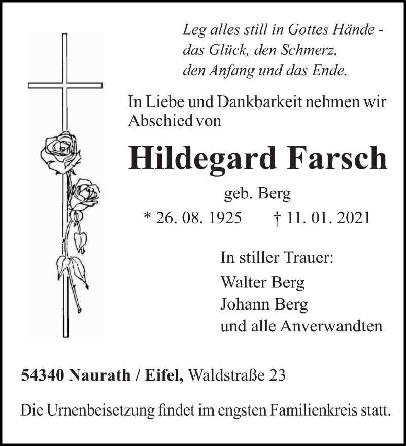  Traueranzeige für Hildegard Farsch vom 13.01.2021 aus trierischer_volksfreund