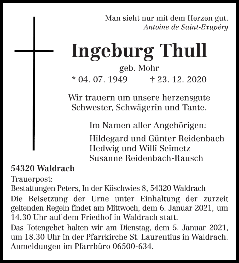  Traueranzeige für Ingeburg Thull vom 31.12.2020 aus trierischer_volksfreund