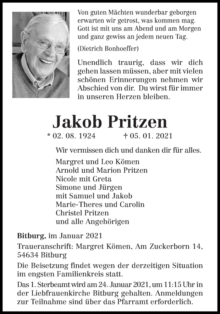  Traueranzeige für Jakob Pritzen vom 13.01.2021 aus trierischer_volksfreund