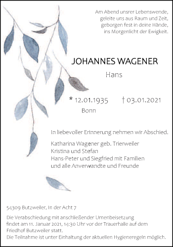 Traueranzeige von Johannes Wagener von trierischer_volksfreund