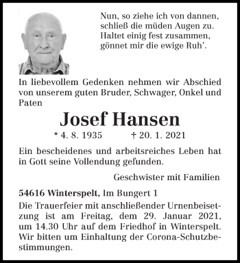Traueranzeige von Josef Hansen von trierischer_volksfreund