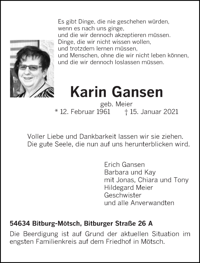 Traueranzeige für Karin Gansen vom 18.01.2021 aus trierischer_volksfreund