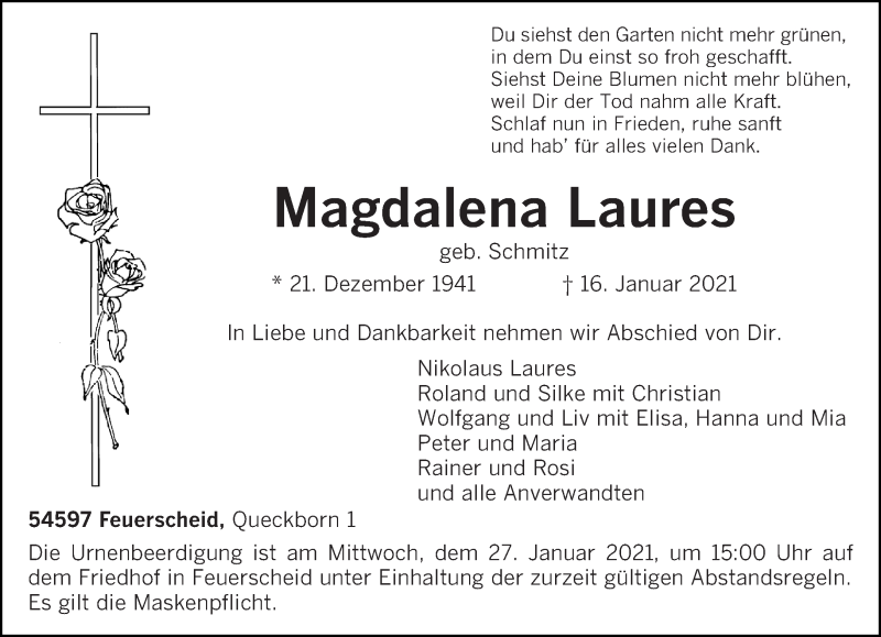  Traueranzeige für Magdalena Laures vom 21.01.2021 aus trierischer_volksfreund