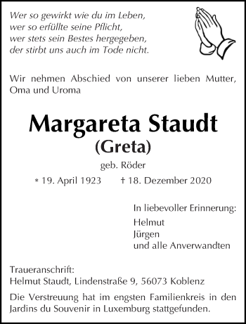 Traueranzeige von Margareta Staudt von trierischer_volksfreund