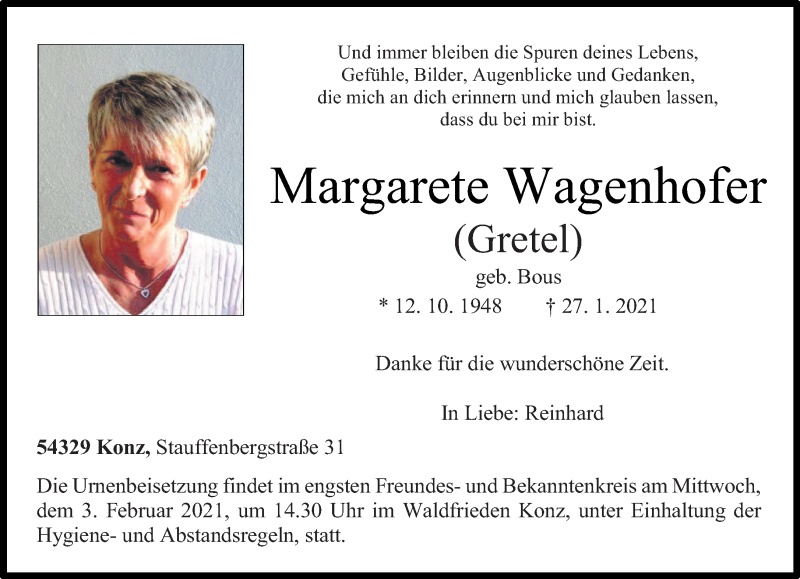  Traueranzeige für Margarete Wagenhofer vom 30.01.2021 aus trierischer_volksfreund