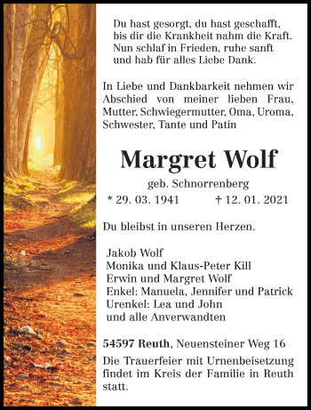 Traueranzeige von Margret Wolf von trierischer_volksfreund
