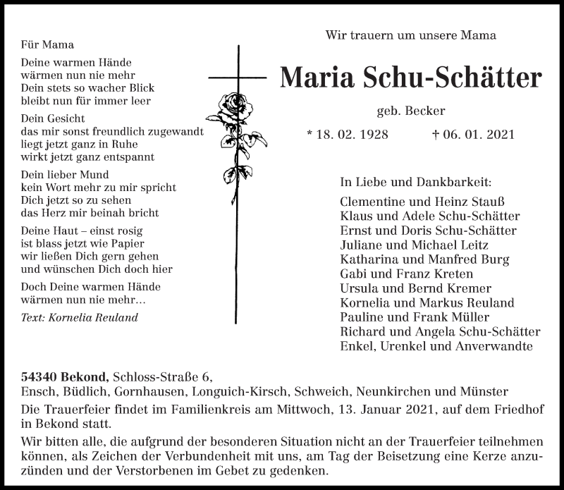  Traueranzeige für Maria Schu-Schätter vom 11.01.2021 aus trierischer_volksfreund
