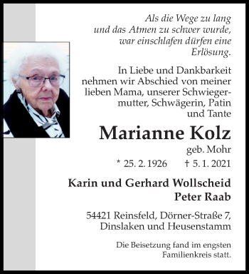 Traueranzeige von Marianne Kolz von trierischer_volksfreund