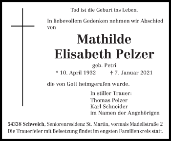 Traueranzeige von Mathilde Elisabeth Pelzer von trierischer_volksfreund
