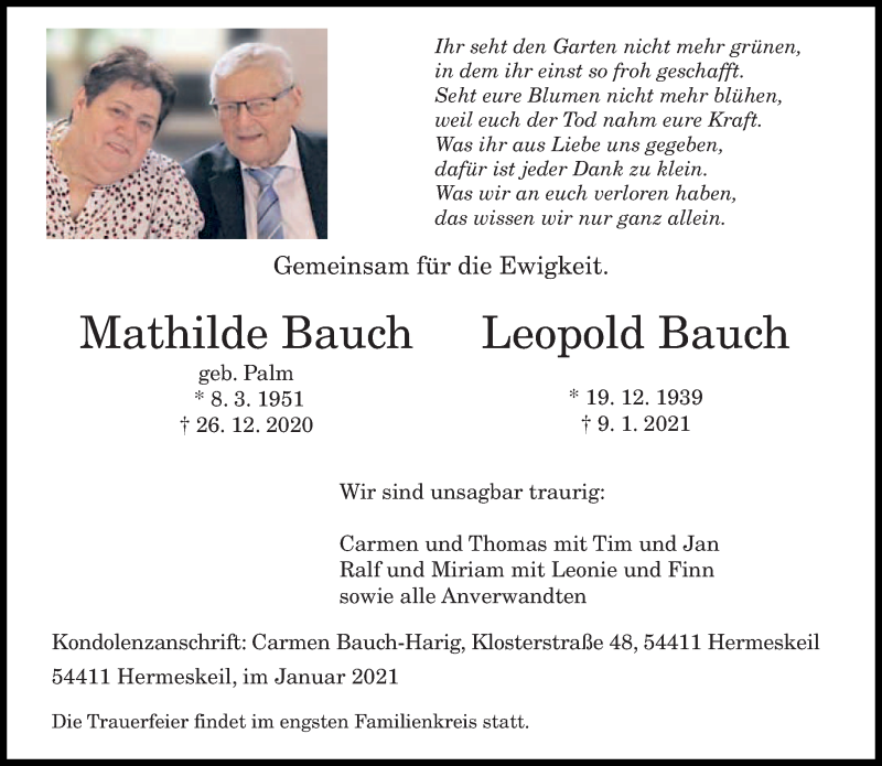  Traueranzeige für Mathilde und Leopold Bauch vom 13.01.2021 aus trierischer_volksfreund