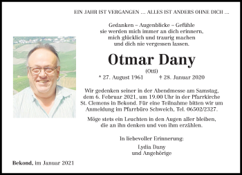 Traueranzeige von Otmar Dany von trierischer_volksfreund